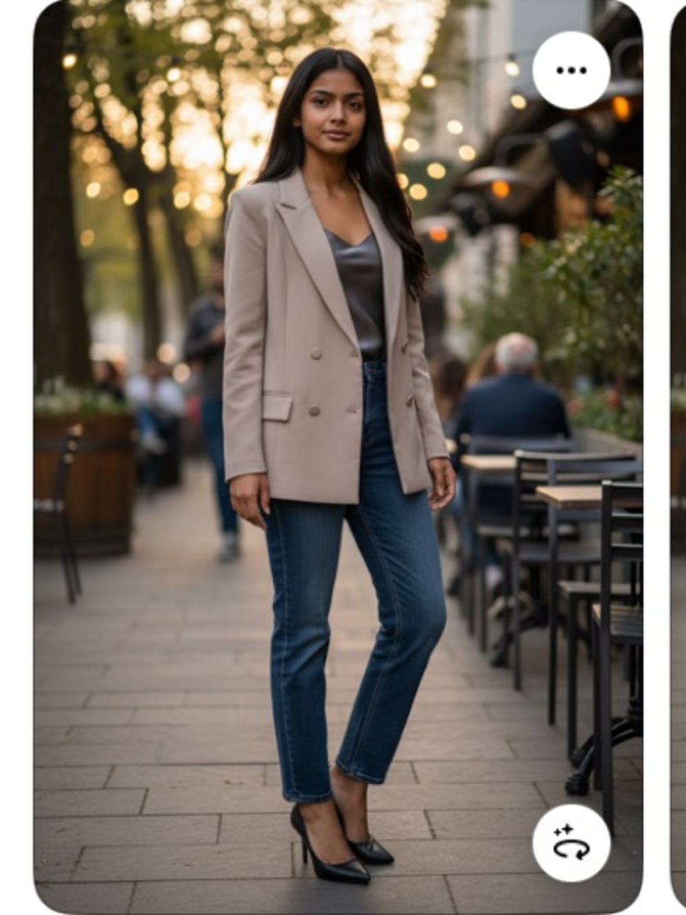 Tan double breasted blazer.